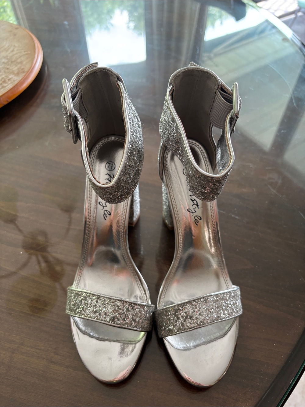 Herstyle Silver Glitter Ankle-Strap Block Heels